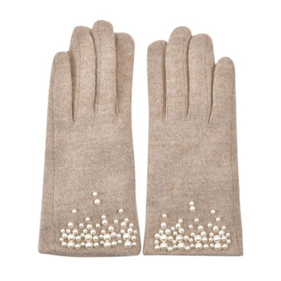 Tan Cashmere Blend Fine Knit Faux Pearl Beaded Fleece Lined E Tip Gloves - Picture 1 of 10